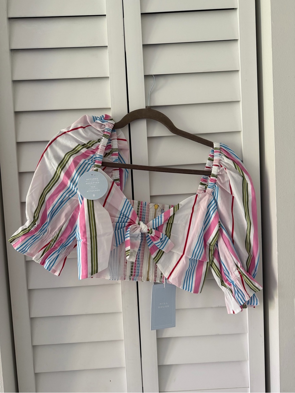 Hill house Tie-Front Puff Sleeve Striped Crop Top - Pink, Blue & Green